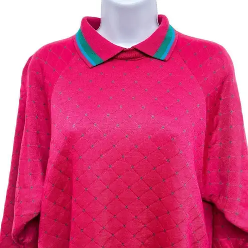 Vintage 80's 90's Argyle Quilted Layered Polo Collar Sweatshirt Pullover Retro Pink Size M