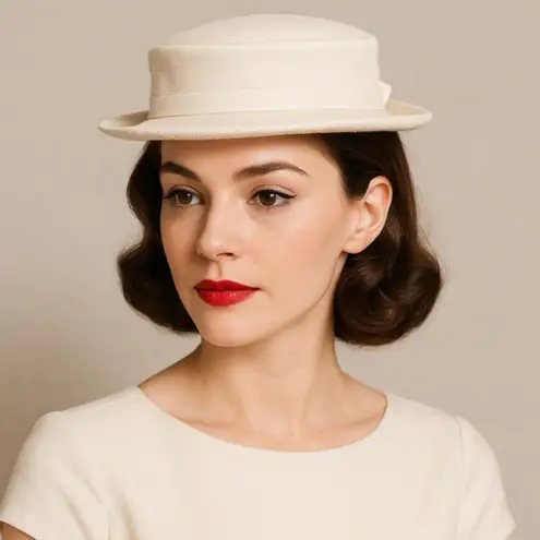 Vintage 1950s Cream Straw Sailor Hat Antique Ivory Boater Skimmer W Bow Detail