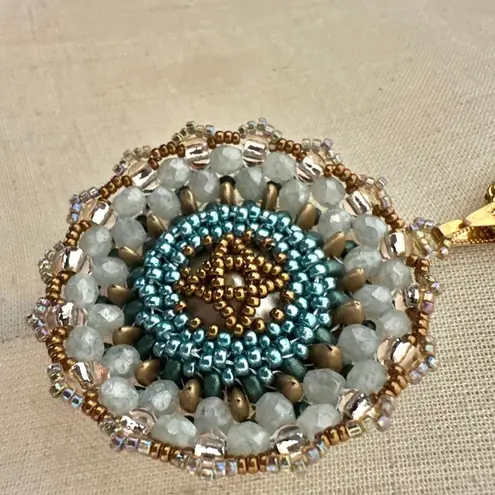 Vintage Reversible Beaded Mandala Pendant Necklace Gold Tone Rope Chain