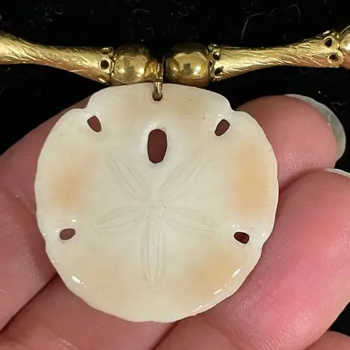 Sand Dollar necklace with beaded pearl tones beach statement 18" gold tones
