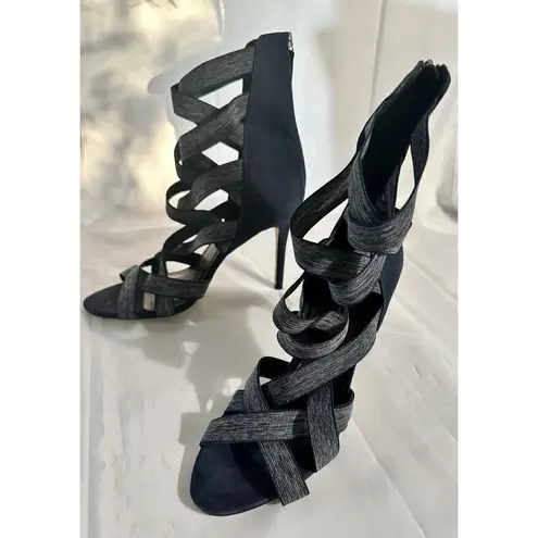 Daya by Zendaya Women Blue Denim Caged Heels Elastic Straps Open Toe Size 10