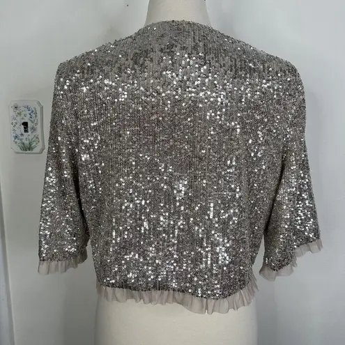Gal Meets Glam Collection Diana Silver Sequin Crop Bolero Jacket Women's US 12