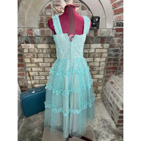 formal dress prom 1950s floral princess tulle aqua blue Green