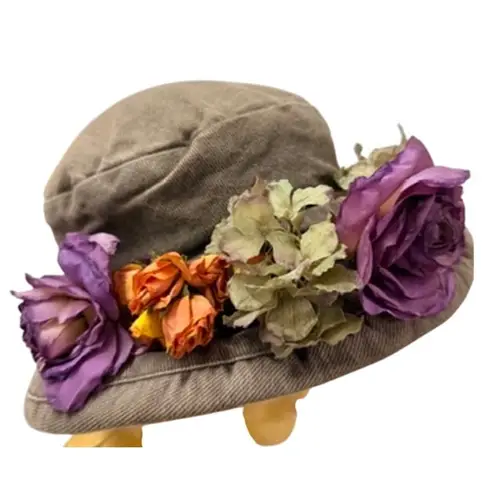 šø VTG 80sā90s Corduroy Garden Party Hat Floral Trim Green