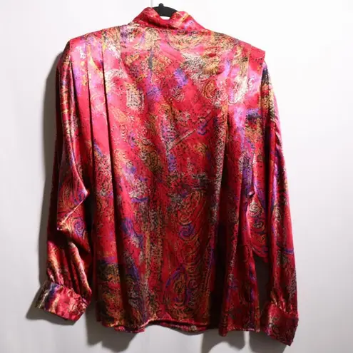 VTG 80s Tess Paris Red Satin Blouse Abstract Disco Secretary Retro Statement 10