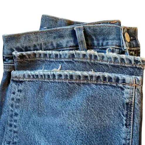 American Eagle High Waisted Frayed Hem Straight Leg Denim Jeans Whiskers Size 10 Blue
