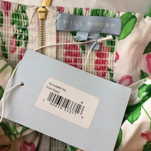 Hill House Womens The Isabella Top Crop Smocked Puff Sleeve Pink Roses White M