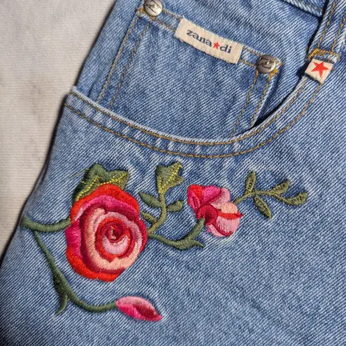 Vtg Y2K Zana Di Light Wash Rose Floral Embroidered High Rise Denim Shorts 28 Blue