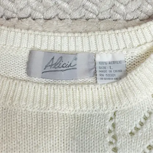 Vintage Alicia Cottagecore Floral Embroidered Ivory Knit Grandma Sweater Large White