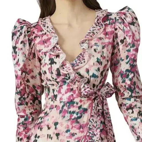Rococo Sand Mimi Ruffle Trim Long Sleeve Mini Wrap Dress Pink Floral Barbiecore Pink