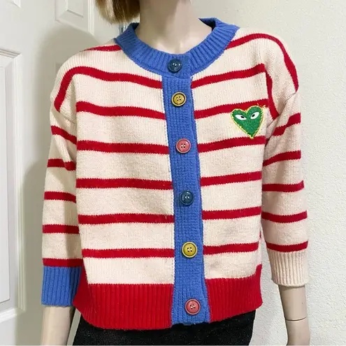 Striped Thick Knit Heart Patch 3/4 Sleeve Cropped Cardigan Sweater Red
