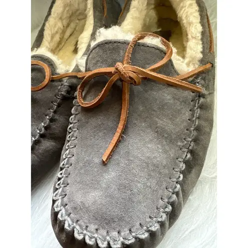 UGG Gray Suede Leather Moccasin Slippers Fur Lined Women's Shoes