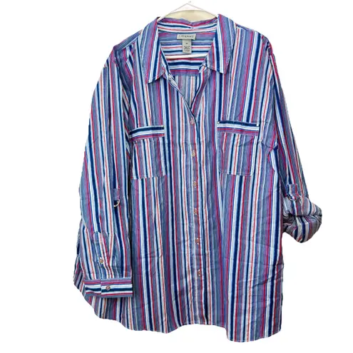 Catherines Red Blue Striped 3/4 Roll Tab Sleeve Button Up Utility Shirt Size 4X