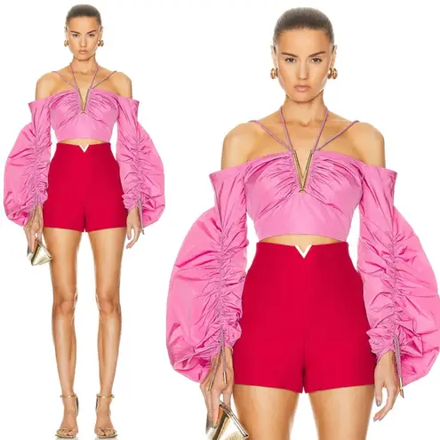 Silvia Tcherassi Benazir Crop Rose Puff Sleeve Top Pink Size XXS