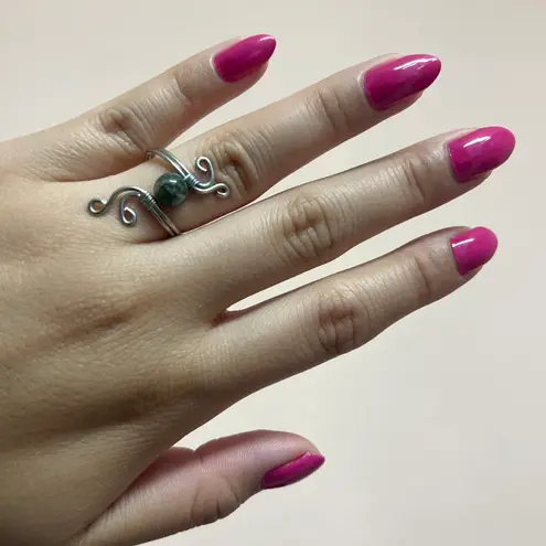 Vintage Inspired Silver Plated Adjustable Ring With Jade Green Gemstone