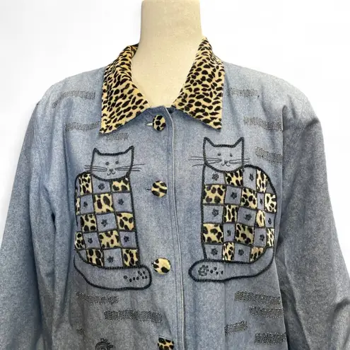 Vtg Great Cavalier by St. Paul Cat Embroidered Chore Silk Denim Jacket Size M Blue Size M