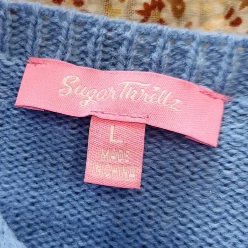 Sugar Thrillz Embroidered Cropped Knit Top Sleeveless Scoop Neck Blue Size Large