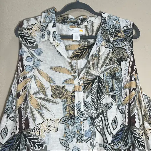 C&C California C&C CA 100% LINEN JUNGLE DRESS TUNIC TROPICAL SLEEVELESS SZ 2XL RESORT BOHO EUC