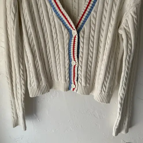 Prince Sweater Medium Cable Knit Cardigan Red Blue Stripe Trim Tennis Preppy White