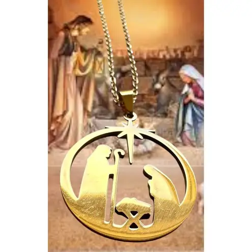 Nativity Scene Necklace Baby Jesus Jerusalem Christmas New 16 in Chain Extender Gold