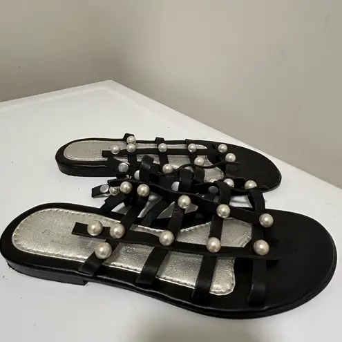 Elina Linardaki Dune Pearl Embellished Sandals Black Size 9 US 40 EU