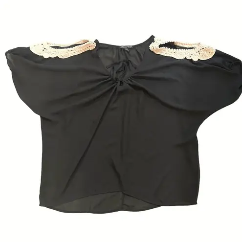 American Dream Black Sheer Cover Up Tunic Crochet Shoulders Lace Detail Size 2X