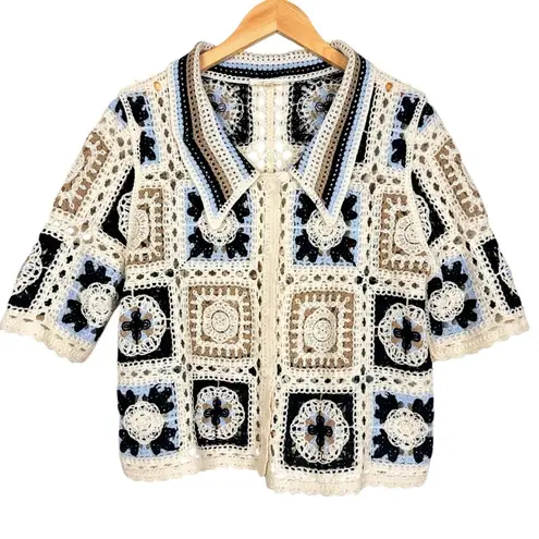 Boho Crochet Blue Cream Multicolor Short Sleeve Button Up Top Size 1X