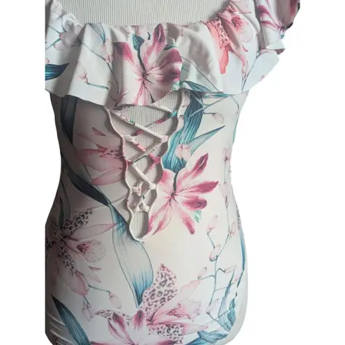 La Blanca Floral Ruffle Off-Shoulder Lace-Up One-Piece Swimsuit US 6
