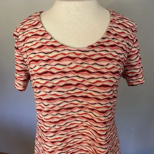 ECI VTG Maxi Dress Sz LG Red Brown Pucker Knit Striped Short Cap Sleeve Retro