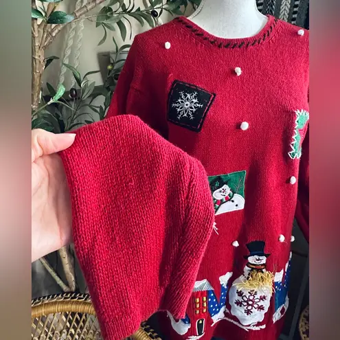 Vintage 90s Holiday Editions Christmas Whimsical Snowman Ugly Sweater Red Size L