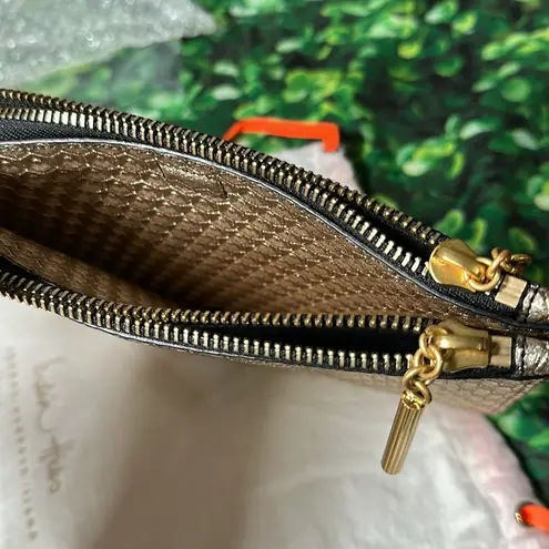 India Hicks Moonlight Metallic Gold Black Leather Clutch Wristlet NEW