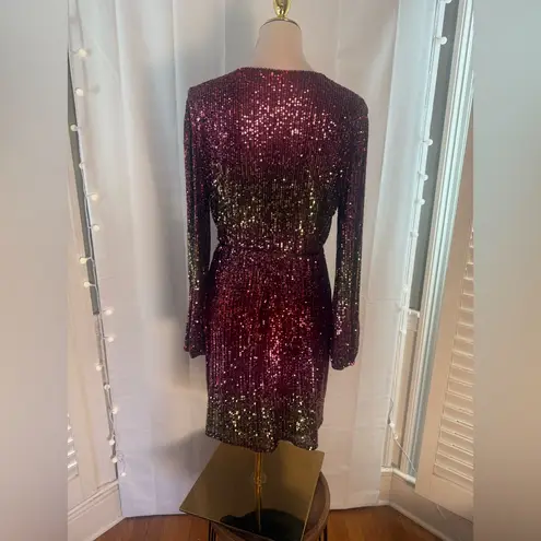 Premier Amour Ombré Sequin Wrap Dress Burgundy Gold Long Sleeve Party Size 10 Red