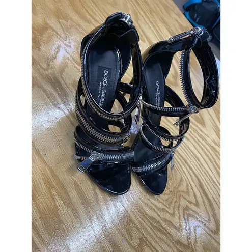 Dolce & Gabbana Heels Women's 6.5 Black Patent Leather Zip Up Stiletto Pump