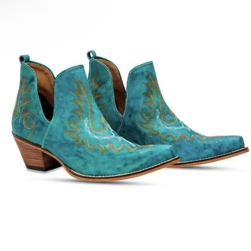 MYRA Turquoise Embroidered Leather Block Heel Western Ankle Booties Women Size 7 Blue