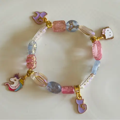 Colorful Charm Bracelet with Unicorn and Cat Charms Pink