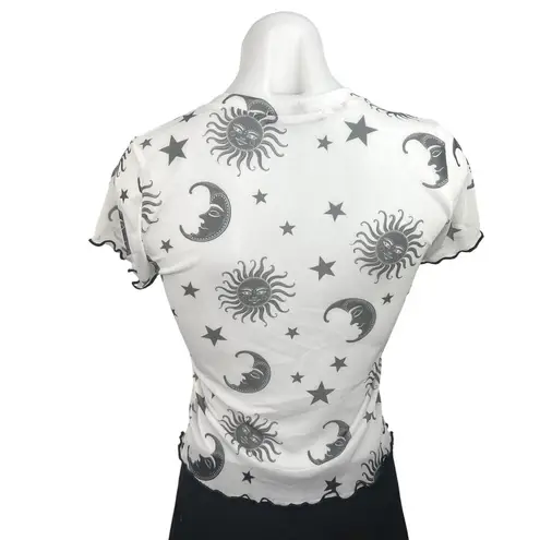 Rock Rose Couture White Black Metal Sun Moon Star Crew Neck T Shirt Top Size S