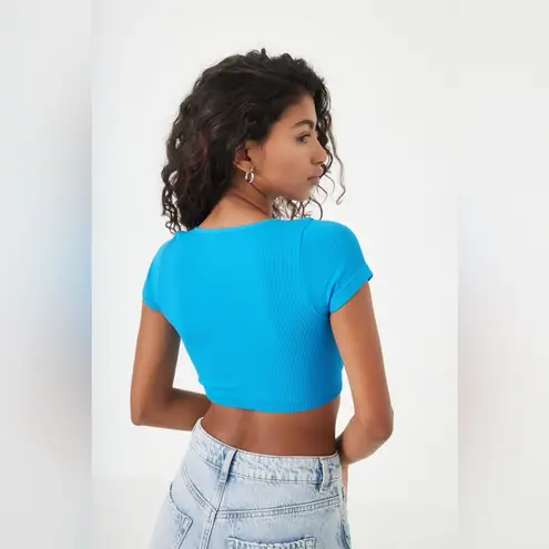 Garage  Blue Seamless Ribbed V Neck Crop Top