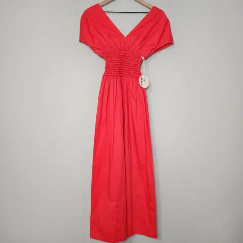 STAUD Jackson Hibiscus Red Smocked Midi Dress Cotton Poplin Holiday Fit & Flare