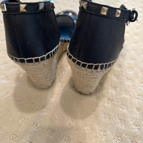 Marc Fisher  Black Studded Leather Espadrille Wedge Sandals Size 9.5M