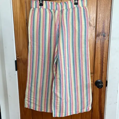 Loft  Petites Rainbow Stripe Linen Blend Cropped Wide Leg Pull On Pants Large LP