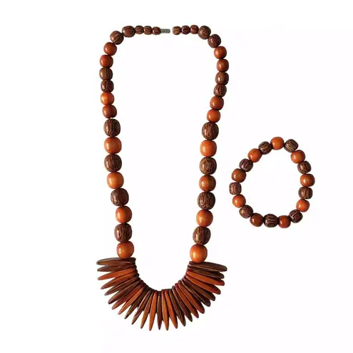 Wooden Beads Necklace and Bracelet Set Womens Jewelry Set Beachy Boho Brown