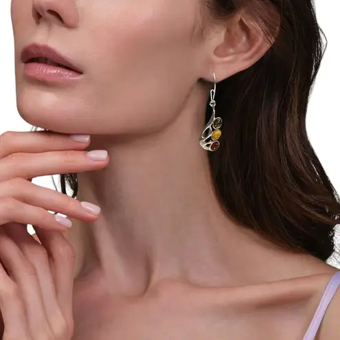 Amber Sterling Silver 925 Drop Earrings Jewelry With Multicolor Oval Cabochons