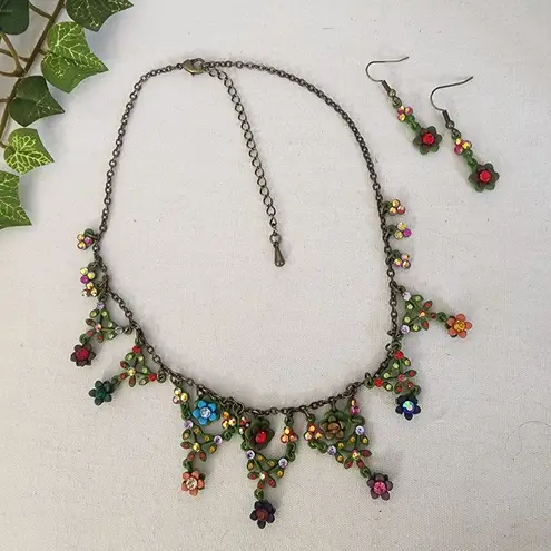 Bohemian Garden Floral Ornate Necklace with Earrings Set Pink