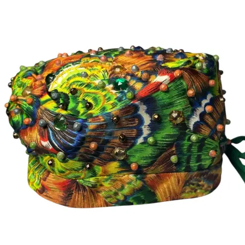 Vintage Patrice Beaded Jeweled Pillbox Hat Peacock Print Union Made USA 60s Green