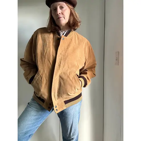 Vintage 80s Suede Leather Bomber Jacket Brown Unisex Mens M / Womens L Classic R Size L