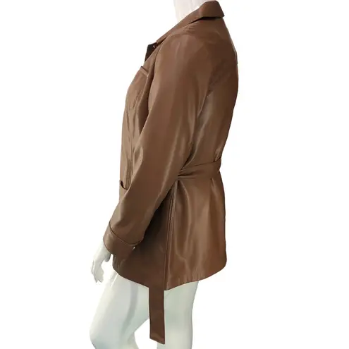 Chico's  Womens Sz 1 US 8 M Vegan Leather Utility Jacket Camel Mid Length Belt NEW