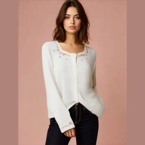 Stitches In Time Sweater Medium Floral Knit Cardigan Grannycore Cottagecore Pink