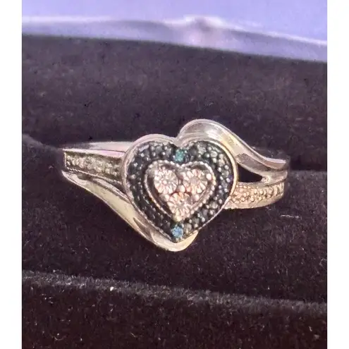 Sterling Silver Heart Shaped Ring With Blue And Clear Diamonds Size 7