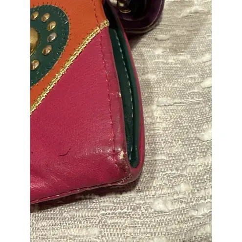 Vintage 80s Boho Colorblock Leather Crossbody Purse Geometric Studded Bag Tassle