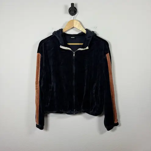 Monrow Women’s Velour Sporty Stripe Full Zip Hoodie in Neptune/Rose Size S/M Blue